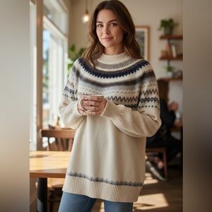 J. Crew Cream and Blue XS Fair Isle Patterned oversized Sweater Alpaca wool